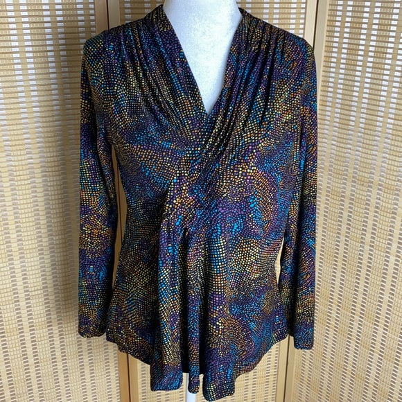 🔷Rafaella Geometric Multi-Colored V-Neck Pleated Dotted Stretch Long Sleeve - Picture 1 of 4